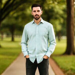 Bristol &‎ Bull Shirt Men L Blue/Green Plaid Button-Up Flip Cuff Long Sleeve Y2K